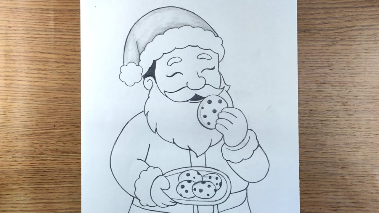 Santa claus eating cookies pencil drawing | christmas festival art