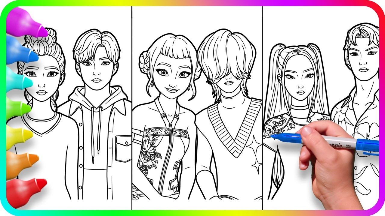 KPop Demon Hunters FanArt Coloring Pages - Huntrix and their CRUSHES. Satisfying Coloring Kpop Chara