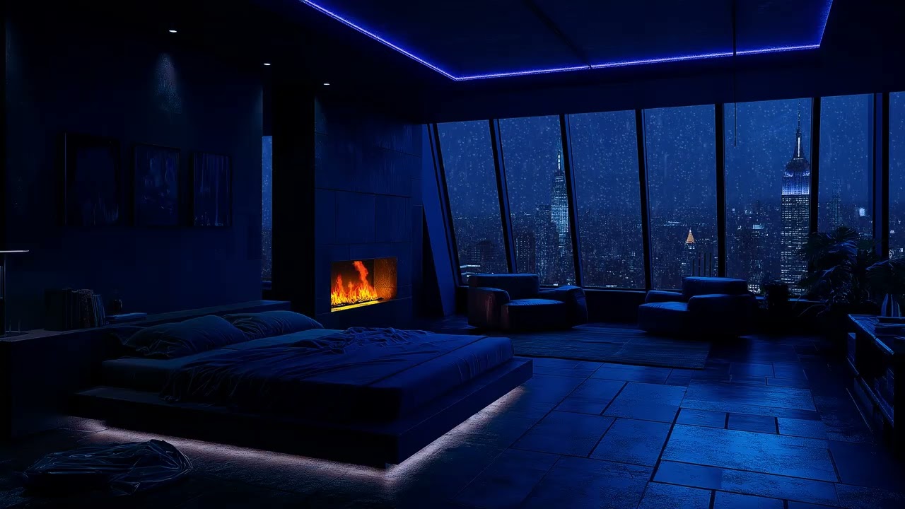 Peaceful Midnight Rain in the City 🌙 | Relaxing Piano & Fireplace Ambience for Focus & Sleep
