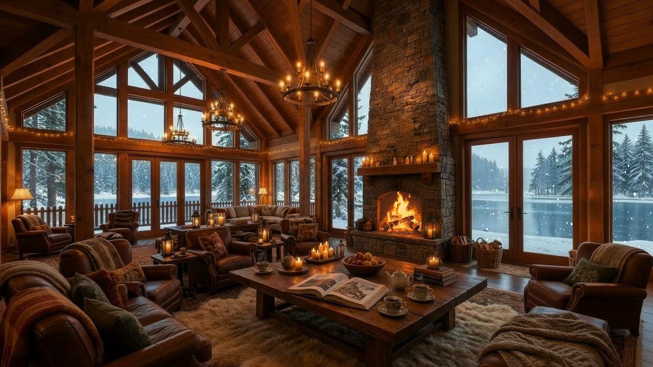 Cozy Winter Lodge Ambience ❄️🔥 | Soft Piano Ambience Music, Crackling Fireplace & Falling Snow