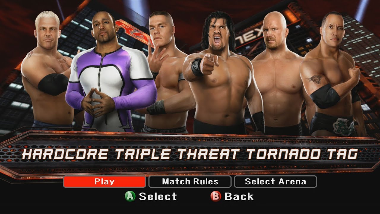 WWE SMACKDOWN! VS. RAW 2008 - HARDCORE TRIPLE THREAT TORNADO TAG TEAM MATCH | GAMEPLAY