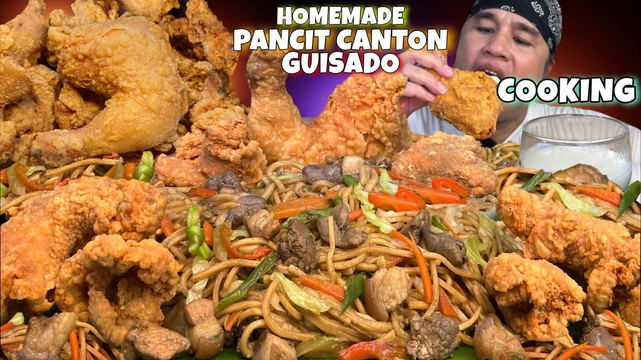 Homemade PANCIT CANTON GUISADO & CRISPY CHICKEN NECK QUARTER LEG FRIED CHICKEN MUKBANG PINOY MUKBANG