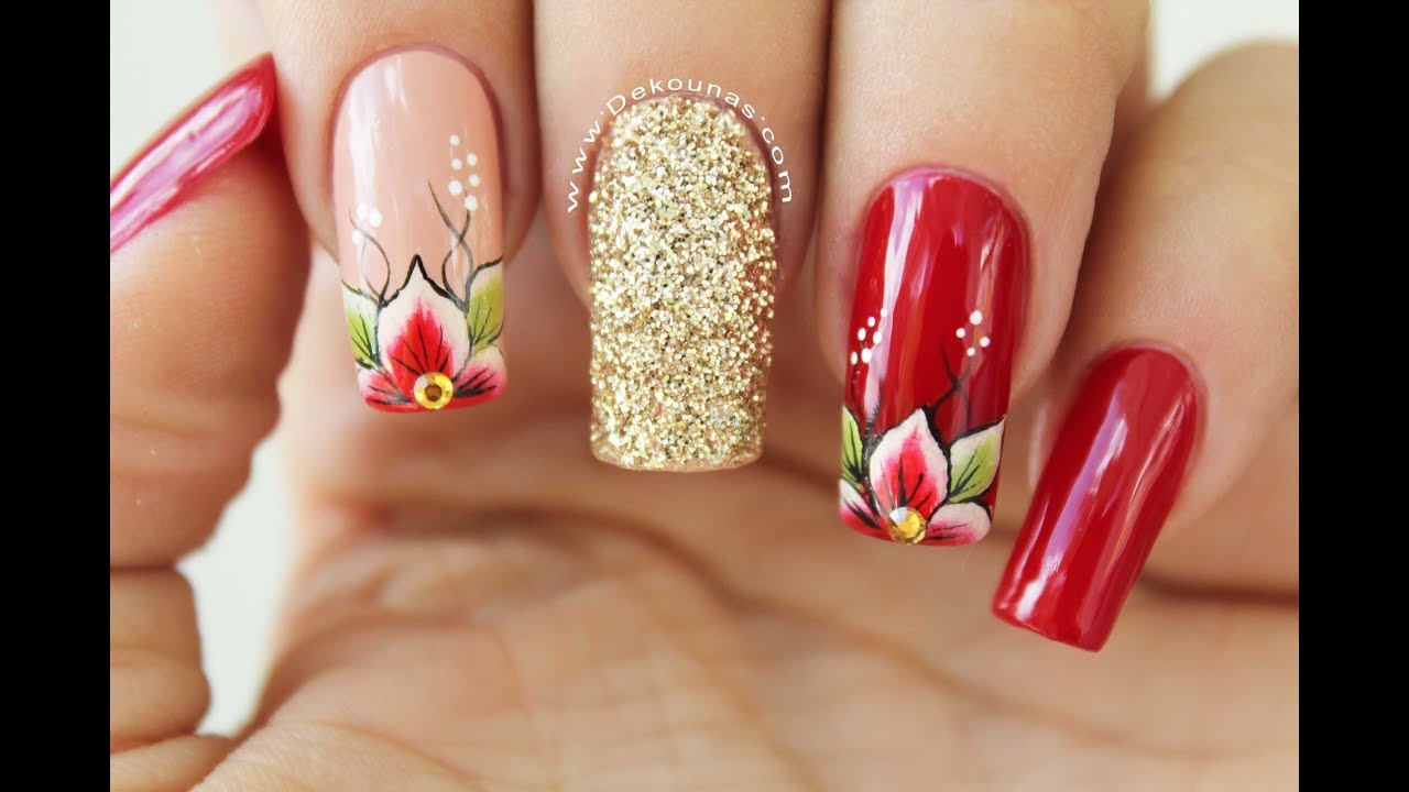 Diseño de uñas flores rojas - Red Flowers Nails design
