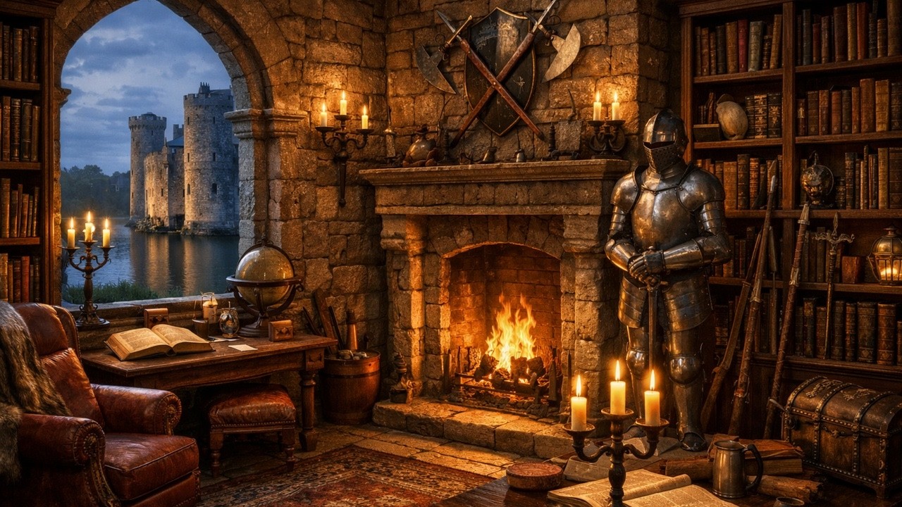 Medieval Castle Library at Sunset 🏰  Fireplace Ambience  for Study, Relaxation & Sleep🕯️ (1 hour)