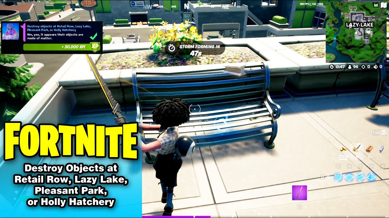 Destroy objects at Retail Row, Lazy Lake, Pleasant Park, or Holly Hatchery in Fortnite Season 7