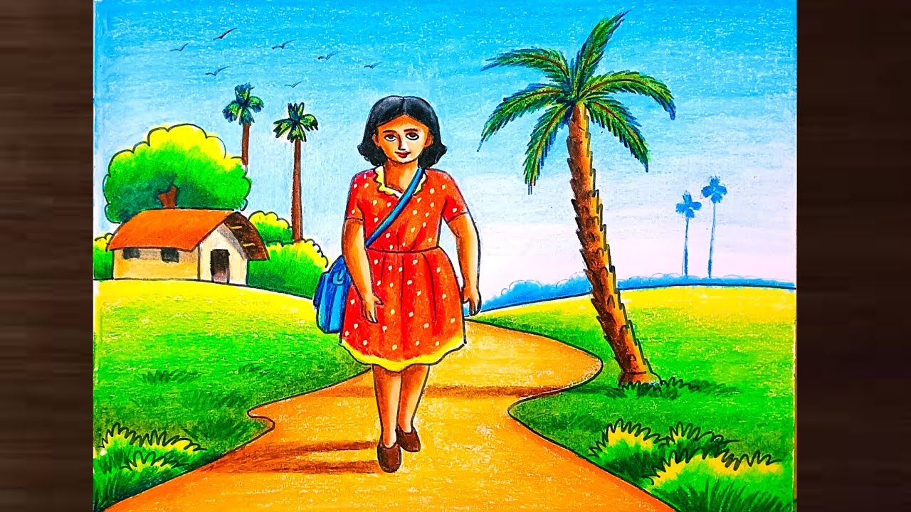 Village girl scenery drawing step by step/Beautiful village girl drawing colour