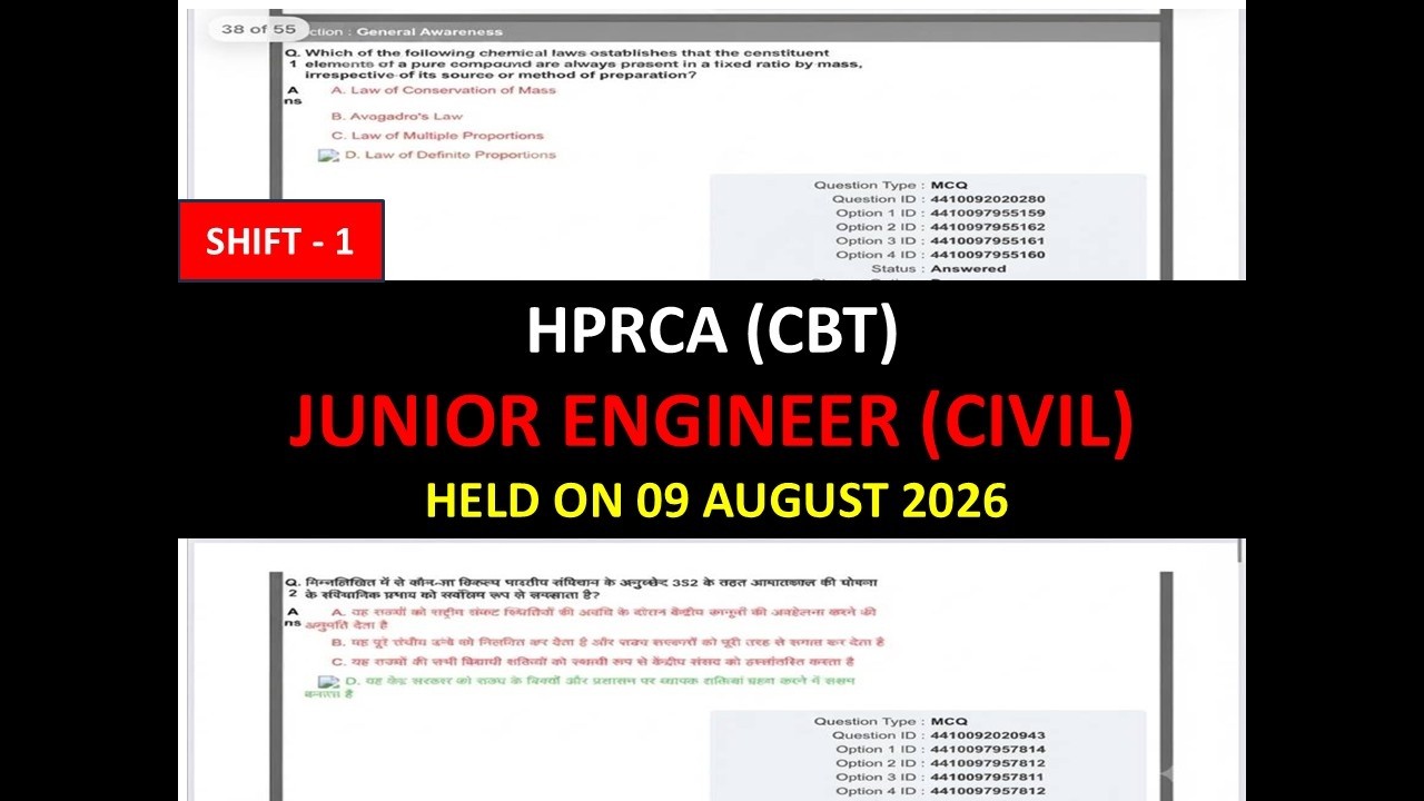 HPRCA JUNIOR ENGINEER (CIVIL) SOLVED PAPER HELD ON 9 AUGUST 2026