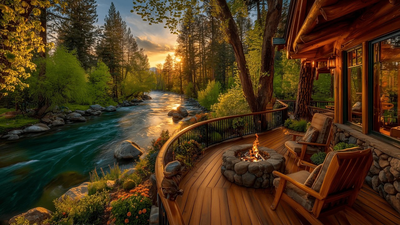 The Feeling of Cozy Spring by a Riverside Cabin Porch Campfire 🔥 | Nature Sounds