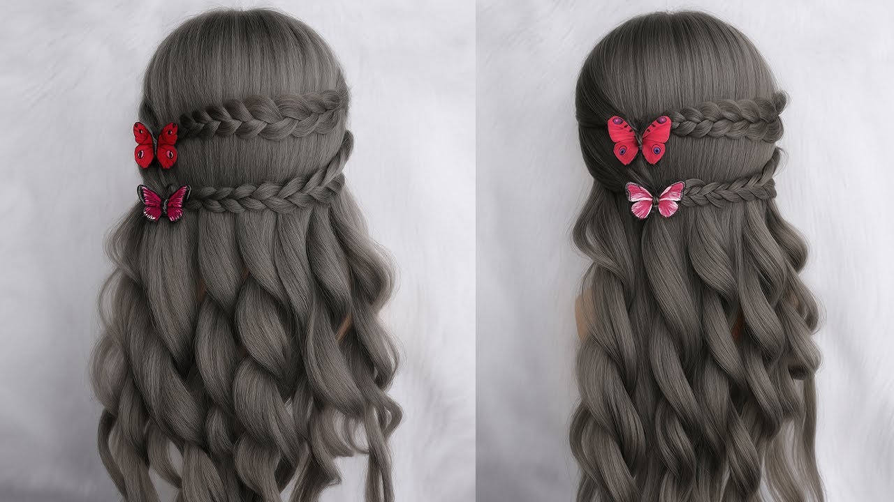 Hermoso peinado trenzado medio recogido | Peinados Faciles Y Rapidos Para Niña Con Trenzas
