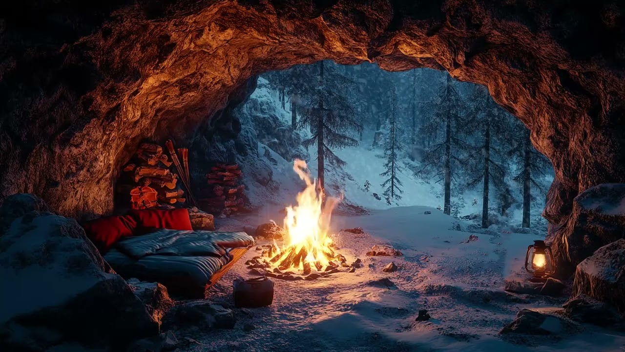 Cozy Midnight in the Cave ❄️ Gentle Fireplace & Whispering Snow for Inner Peace and Rest