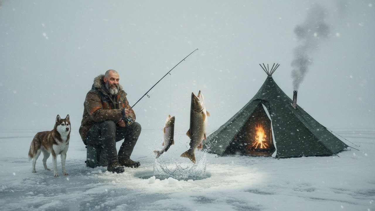 Surviving a Blizzard | Hot Tent & Ice Fishing With Dog ❄️🎣🔥