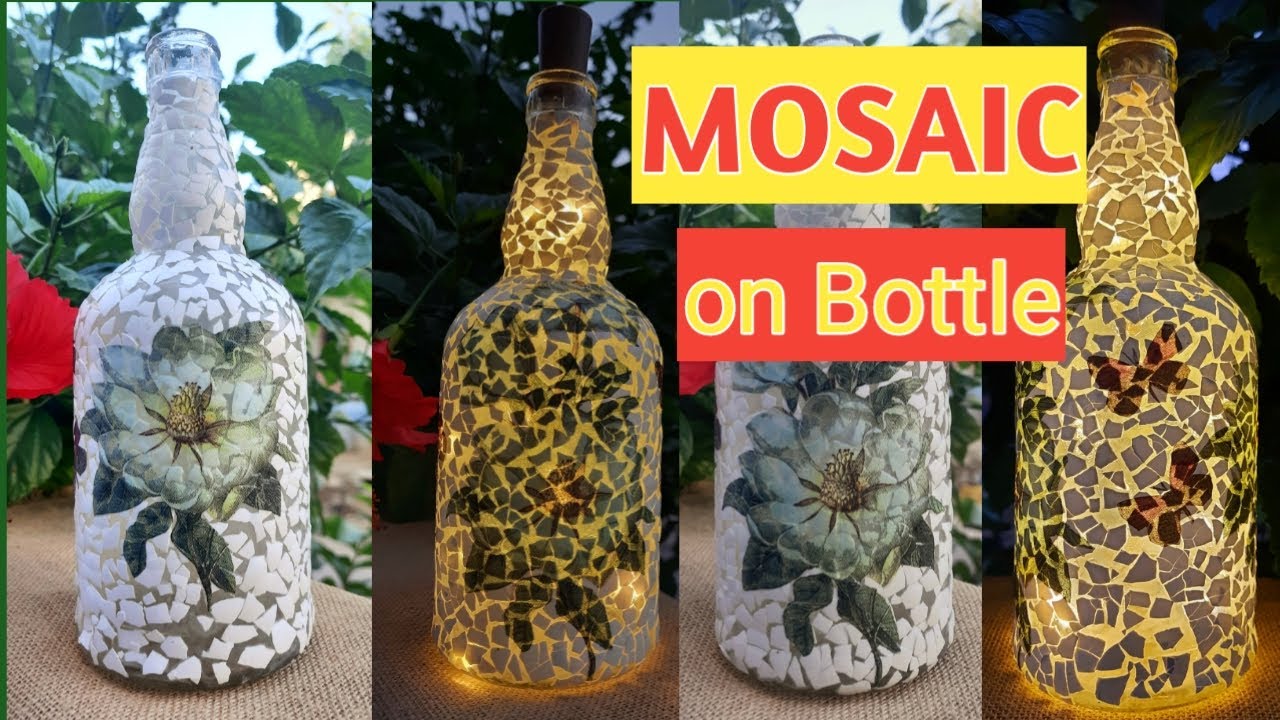 MOSAIC ART ON BOTTLE/MOSAIC WITH EGG SHELL/GLASS BOTTLE MOSAIC ART/MOSAIC BOTTLE LAMP/BOTTLE LAMP