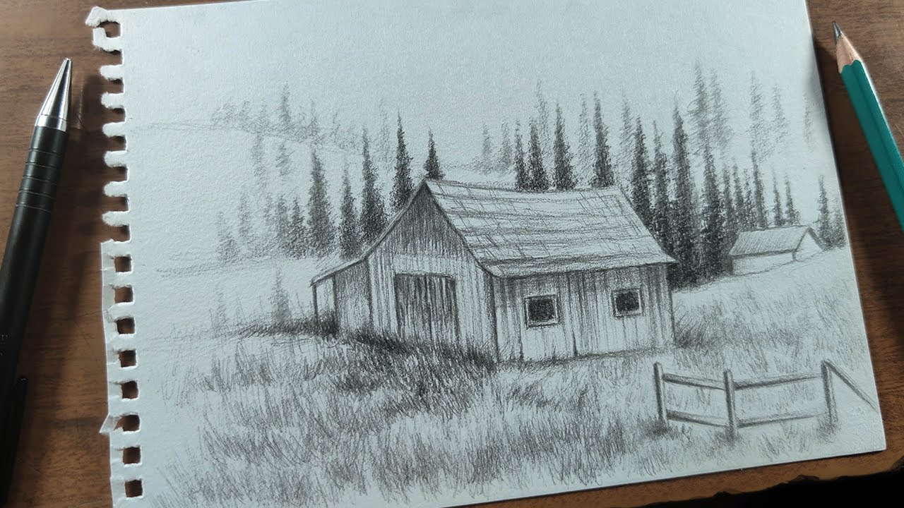 Cómo Dibujar un Granero en el Campo a Lápiz Paso a Paso - PAISAJE