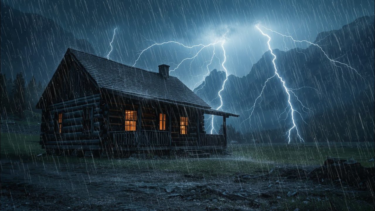 Heavy Rain & Thunder in a Dark Mountain Cabin 🌧️🏔️ Deep Night Storm Ambience for Sleeping