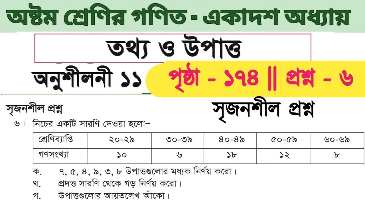 অষ্টম শ্রেণি গণিত | অনুশীলনী ১১ | প্রশ্ন ৬ সমাধান | পৃষ্ঠা ১৭৪ | class 8 math page 174 6 no