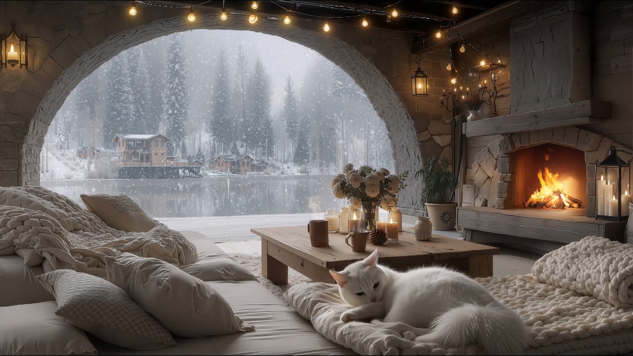 Your Winter Sanctuary ❄️ Cozy Fireplace, Warm Coffee & Jazz Music Amidst a Raging Storm
