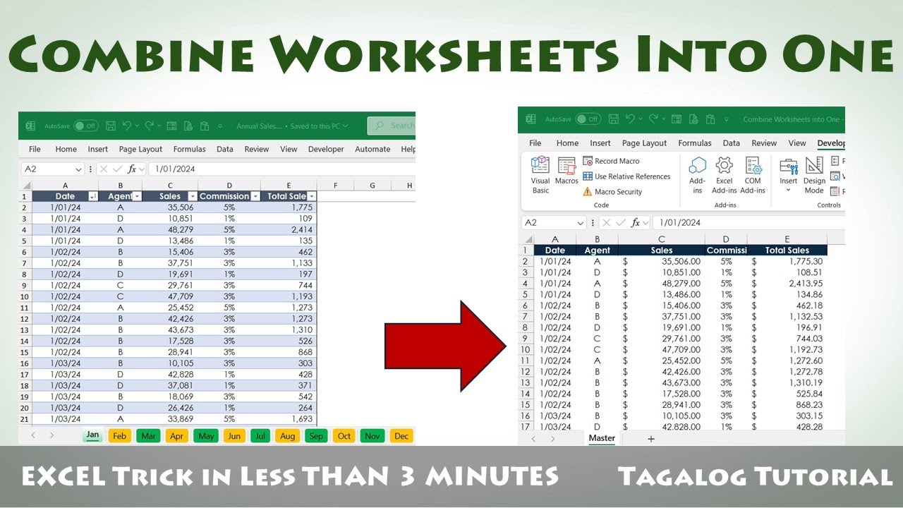Combine Multiple Worksheets into One Using Excel VBA | TAGALOG