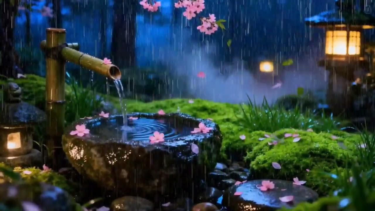 Soft Midnight Rain and Calm Piano in a Zen Garden | Relax and Sleep