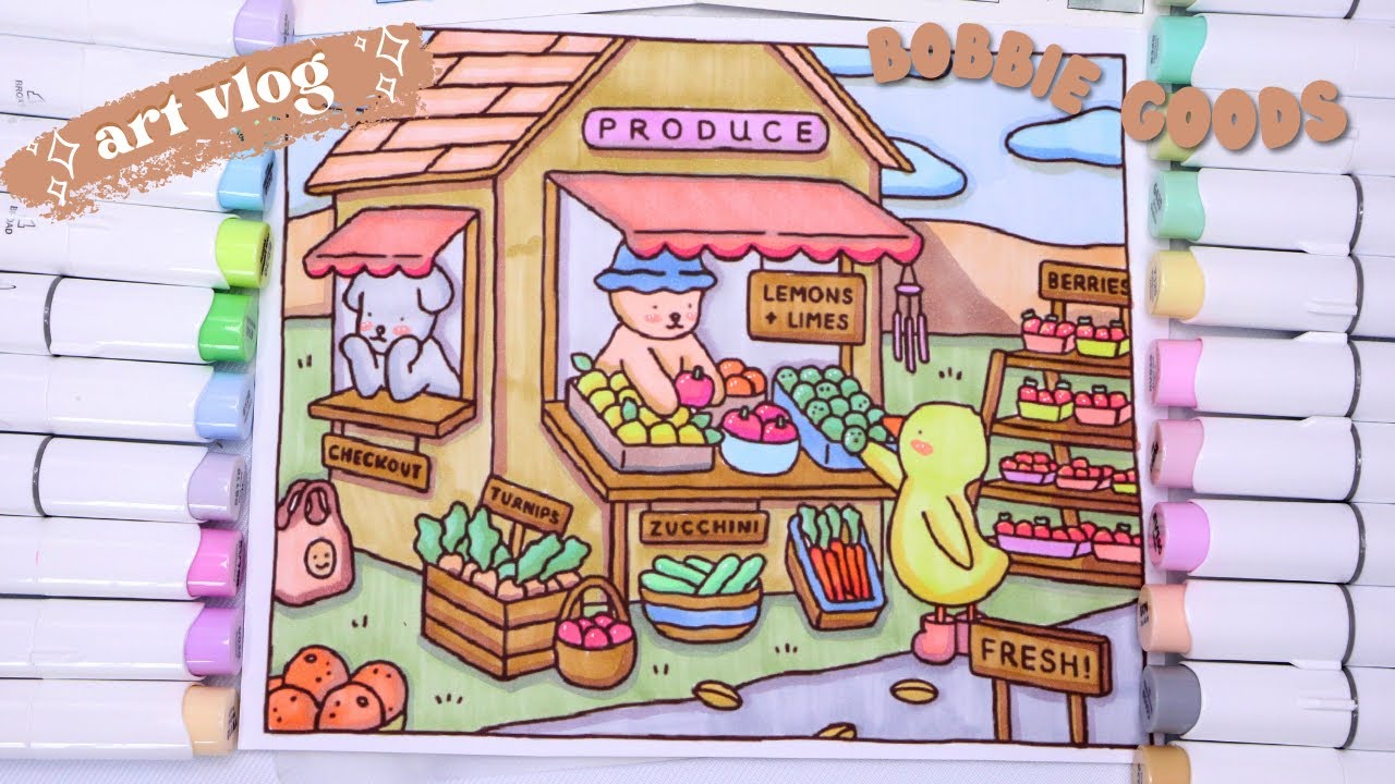 🍑 bobbie goods coloring with ohuhu art markers // produce stand 🥒