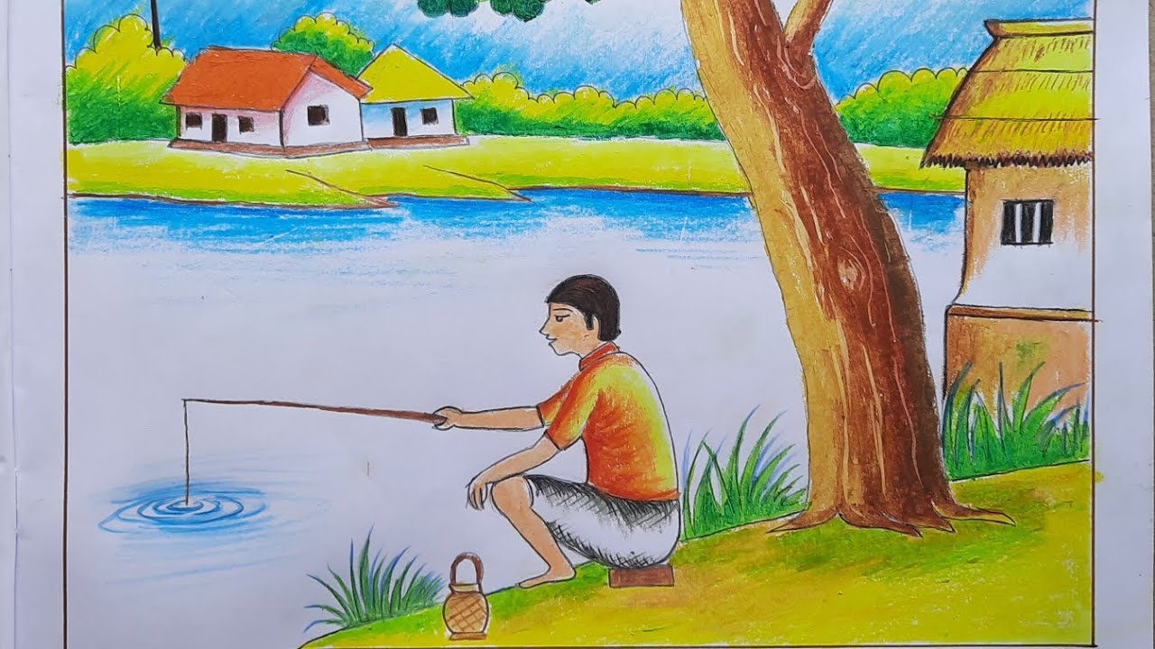Easy drawing of fisherman // Village scenery drawing // সহজে মাছ ধরার ছবি আঁকবো কিভাবে।