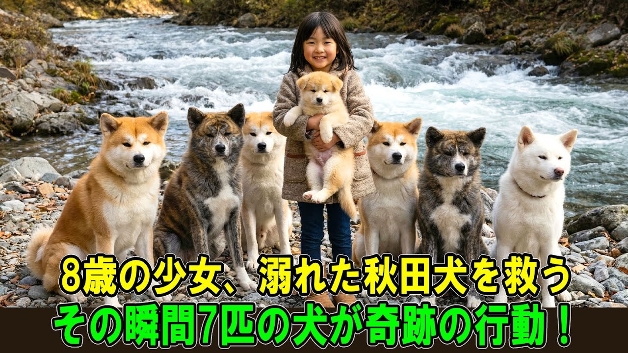 【奇跡の実話】8歳の女の子が溺れかけた子犬の秋田犬を救った…その直後、7匹の秋田犬たちが少女のもとに駆け寄り、信じられない光景が広がった！