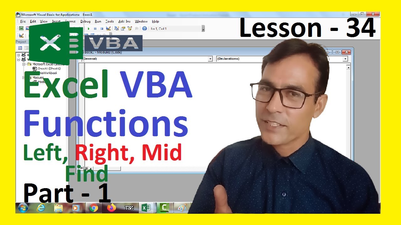 How to use Functions in excel VBA | Excel VBA lesson - 34 | left, right, mid and find function