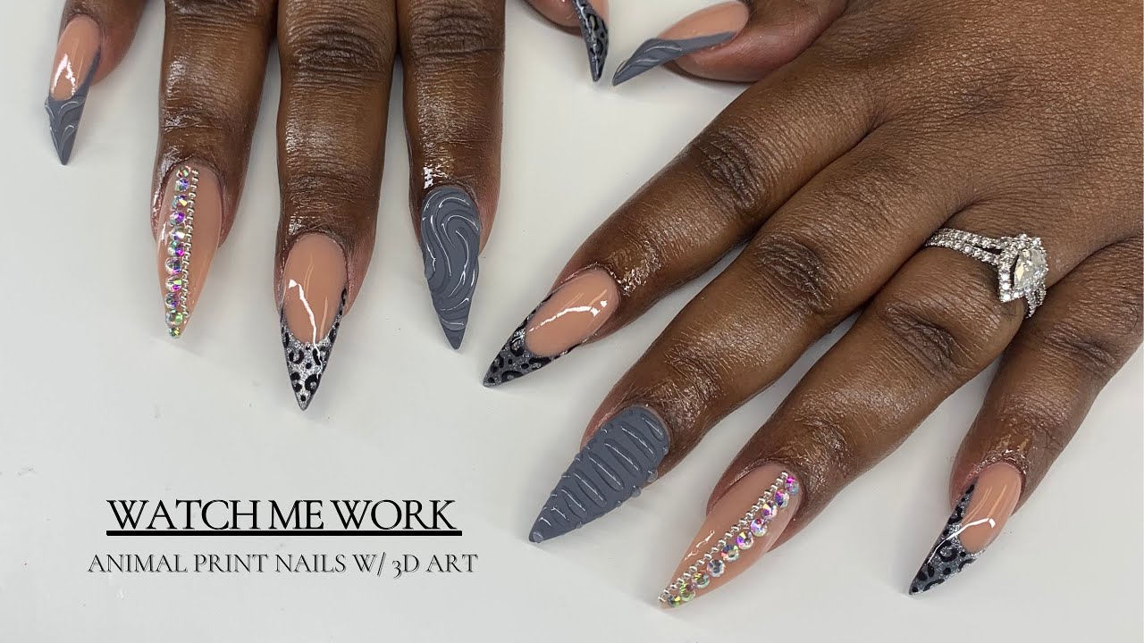 Smoke Grey Stiletto Nails with Leopard Cat Eye Design & 3D Nail Art 