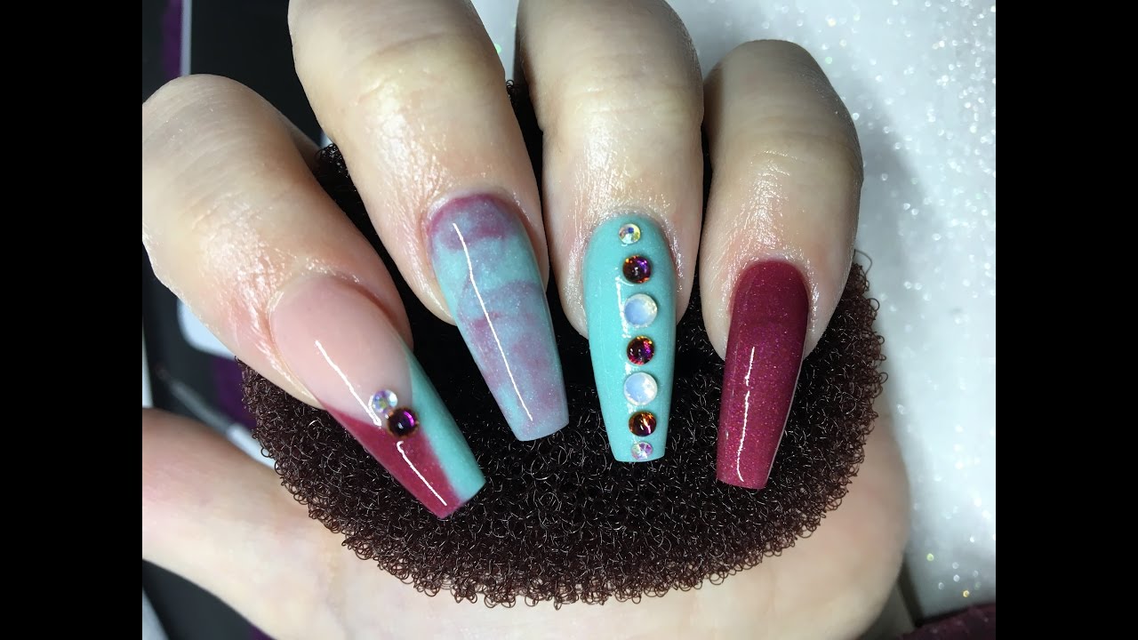 Acrylic Nails | Marbling | Mint Green | Cranberry | CJP