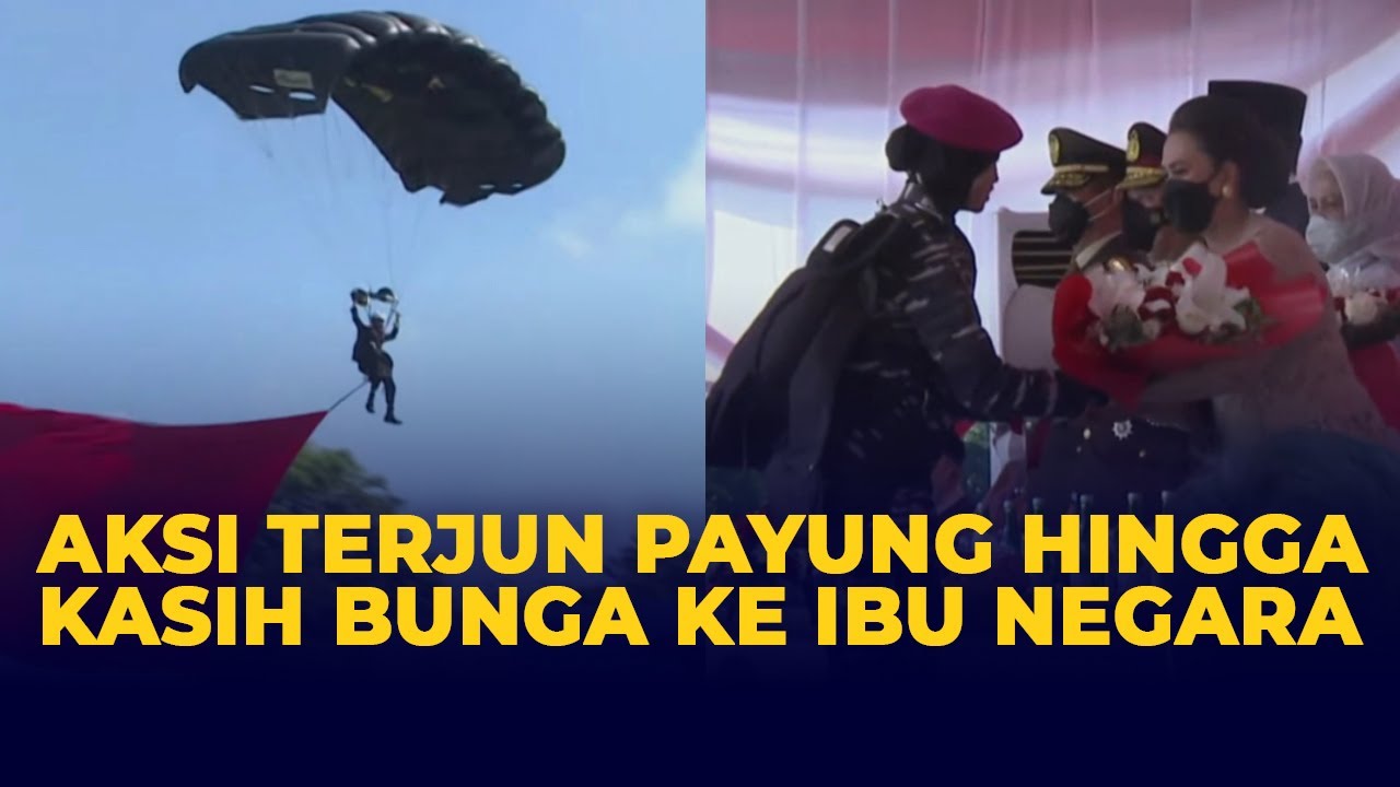 Aksi Penerjun Payung Hingga Berikan Bunga ke Iriana Jokowi pada HUT ke-76 Bhayangkara