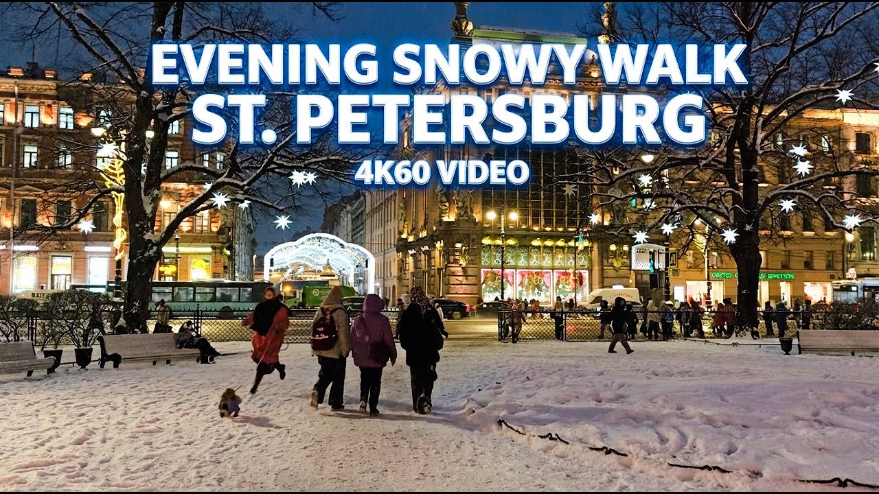 Snowy Evening Walk in Saint Petersburg ❄️ | City Lights, Christmas Market, 4K60 50min