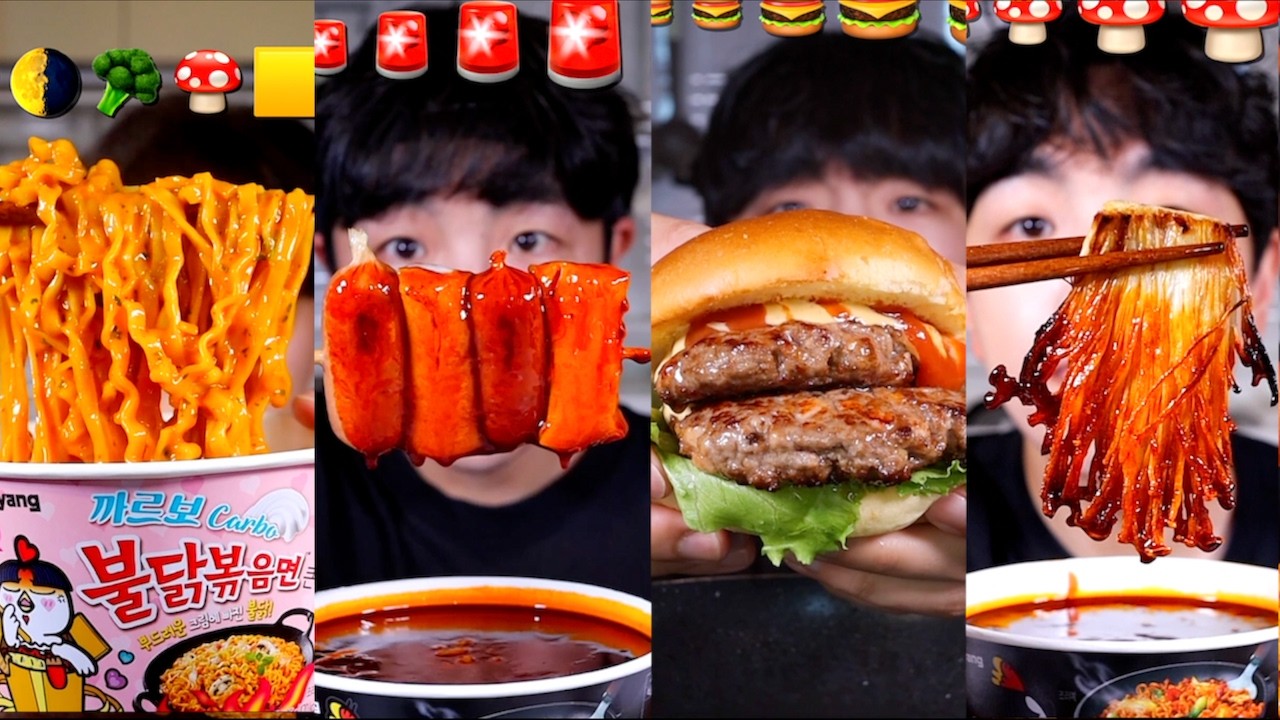 ASMR MUKBANG FIRE NOODLES FRIED CHICKEN SAUSAGE SPICY MUSHROOM (NO BGM)