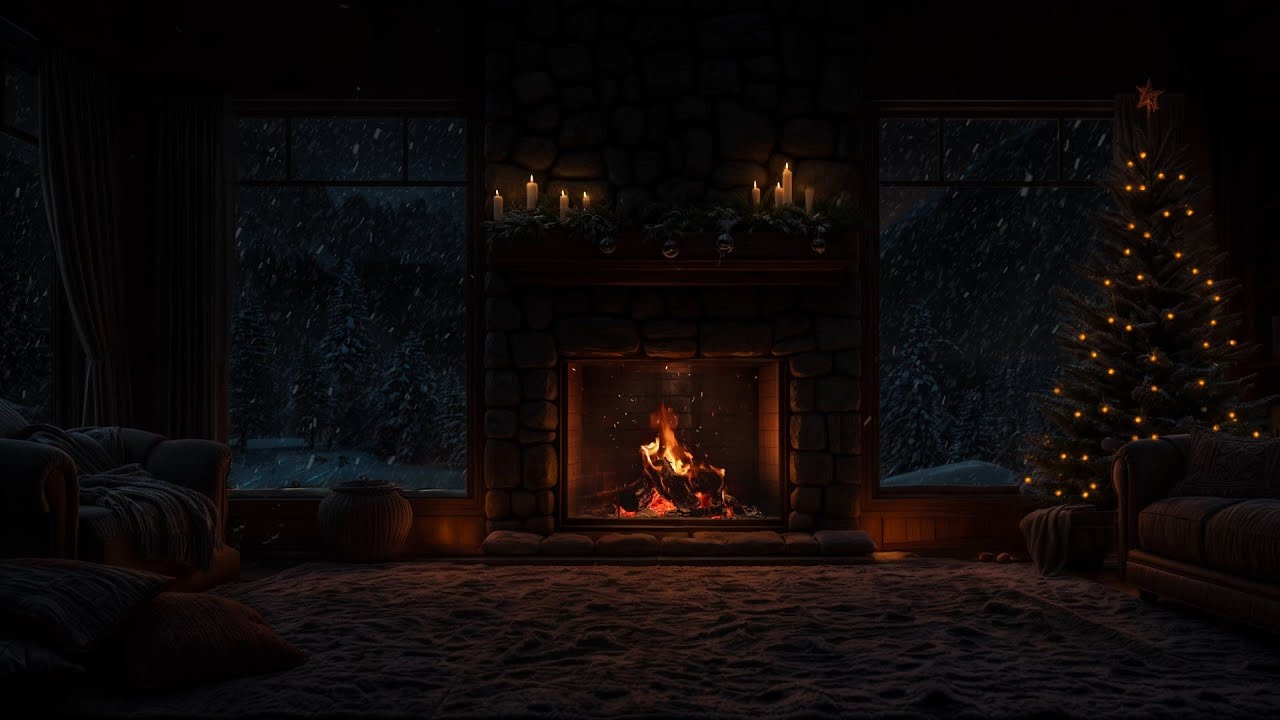 COZY WINTER Living room : Fireplace Crackling & Relaxing Snowstorm Sounds for Peaceful Sleep