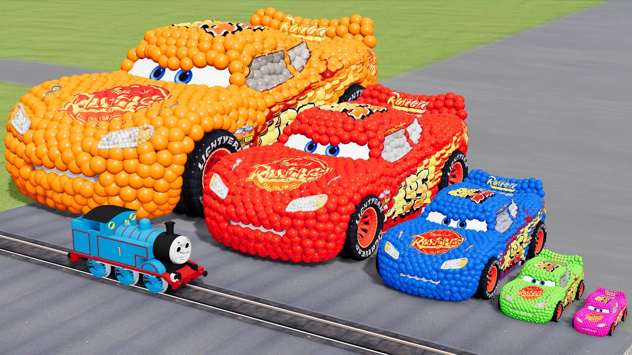 Big & Small Colors Lightning Mcqueen Made Of Balls vs Trains | BeamNG.Drive