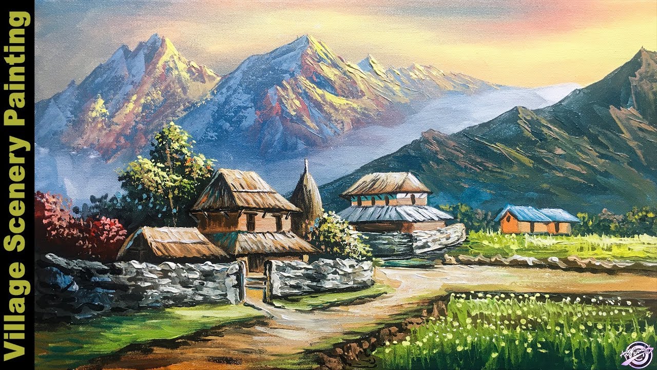 Village Scenery in Beautiful Landscape |Acrylic Nature Painting Tutorial | Nepali Landscape Painting