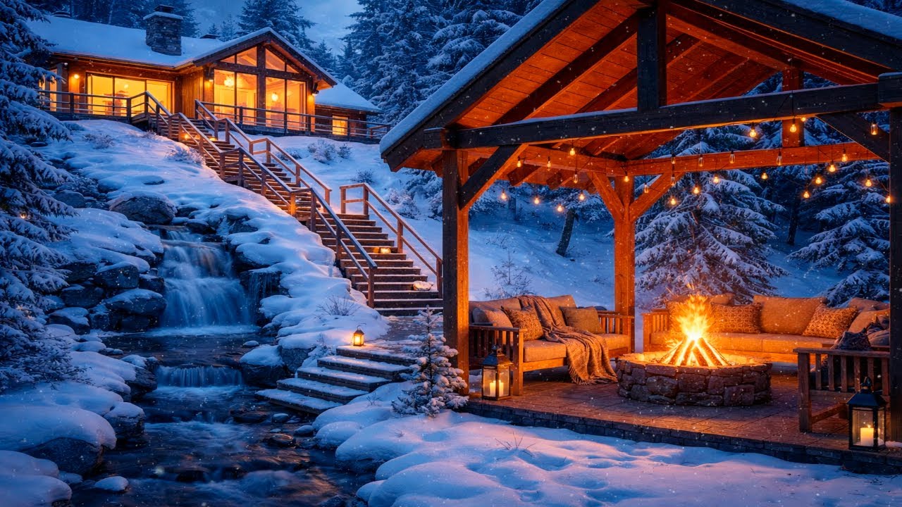😴 Winter cozy atmosphere 24/7 | Cozy atmosphere of a campfire and a mountain stream
