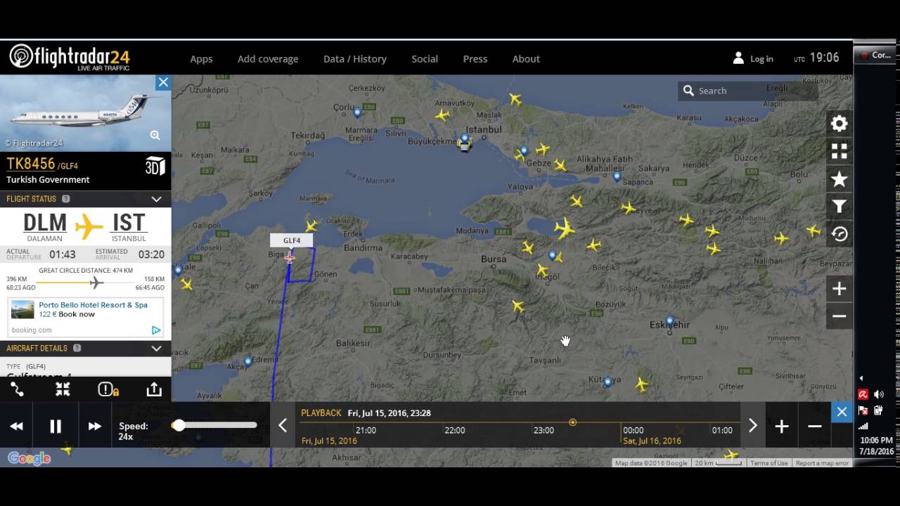 Erdogan - Dalaman Istanbul  Flight Path - Military Coup