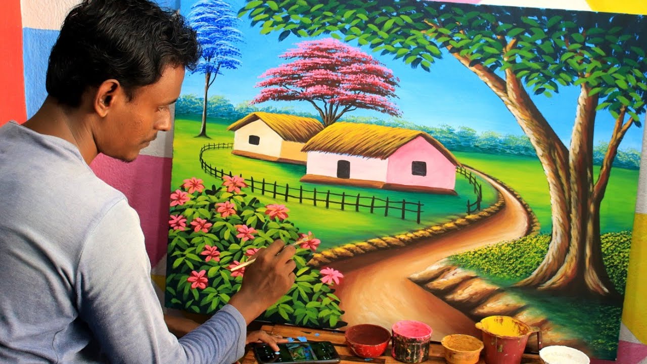 beautiful village scenery painting | nature drawing painting