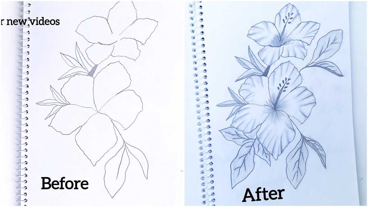 Easy Hibiscus Flower Drawing with Leaves | সহজ ভাবে পেন্সিল দিয়ে পাতাসহ সুন্দর জবাফুল আর্ট ।