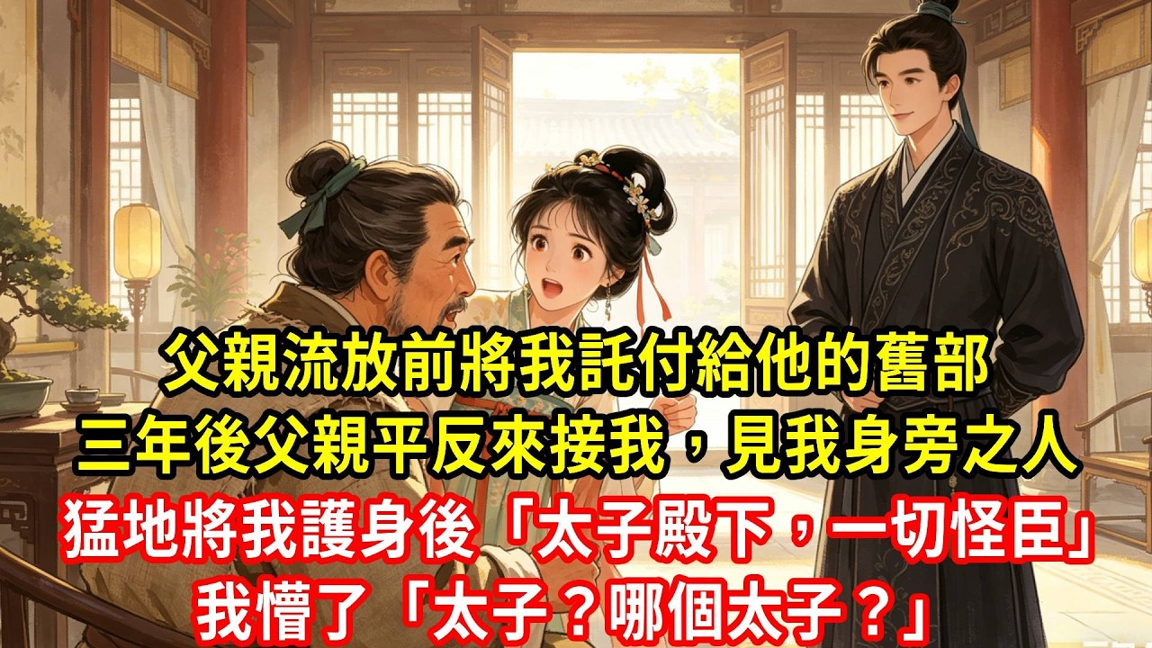 父親流放前將我託付給他的舊部。三年後父親平反來接我，見我身旁之人。猛地將我護身後「太子殿下，一切怪臣」我懵了「太子？哪個太子？」#生活經驗#情感故事#養老#睡前故事
