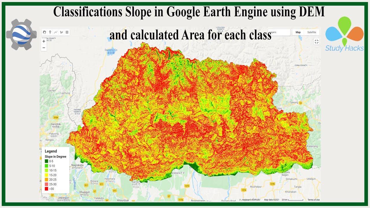Classifications Slope in Google Earth Engine using DEM and calculated Area for each class || GEE