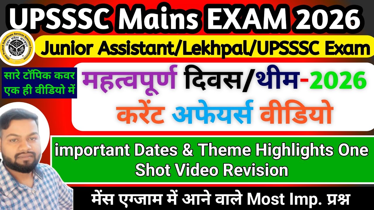 Important Days/Theme 2026 (महत्वपूर्ण विषय) Current Affairs In One Video || Junior Assistant/Lekhpal
