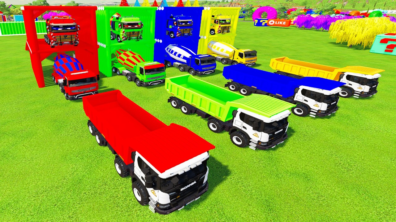 Colorful truck - ALL COLORFUL SCANIA DUMP TRUCK, RENAULT CONCRETE MIXER TRUCK TRANSPORTING TO GARAGE