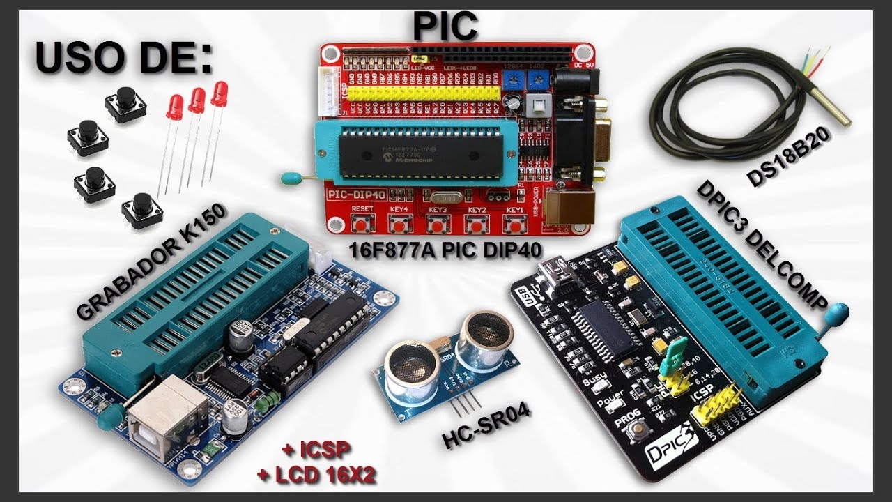 PIC DIP40, K150 y DPIC3 Placa entrenadora y grabadores para PICS | ICSP 16F877A HC-SR04 DS18B20 tiny
