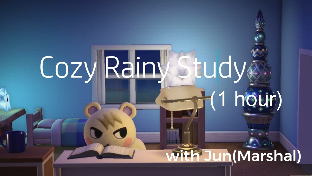 【あつ森】Study with me(1hour) ジュンくんと一緒に勉強しよう 雨音のなかで落ち着いた勉強動画cozy rainy study
