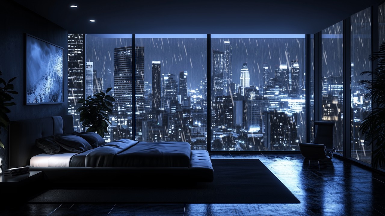 No Ads ☔ Rainy Night in a Luxury NYC Apartment City Lights & Bedroom Ambience for Sleep & Relaxation