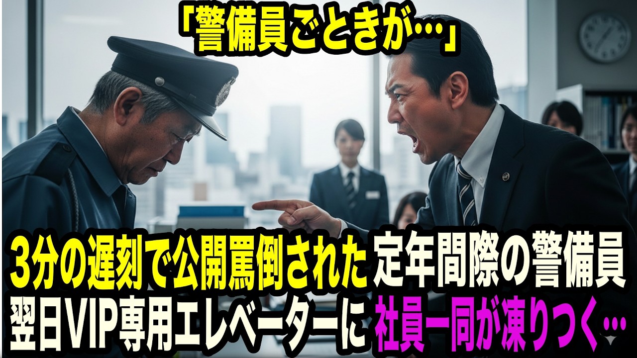 「警備員ごときが、俺たちの時間を奪ってんじゃねーよ」定年間近の警備員を3分の遅刻で怒鳴り散らした本社から来た管理職。翌日VIP専用エレベーターから現れた車椅子の男性の正体を知り、社員一同が凍りついた…