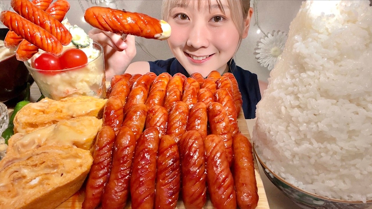 ASMR Сосиски с кетчупом Омлет с ментайко и сыром【русские субтитры】【Mukbang/ Eating Sounds】