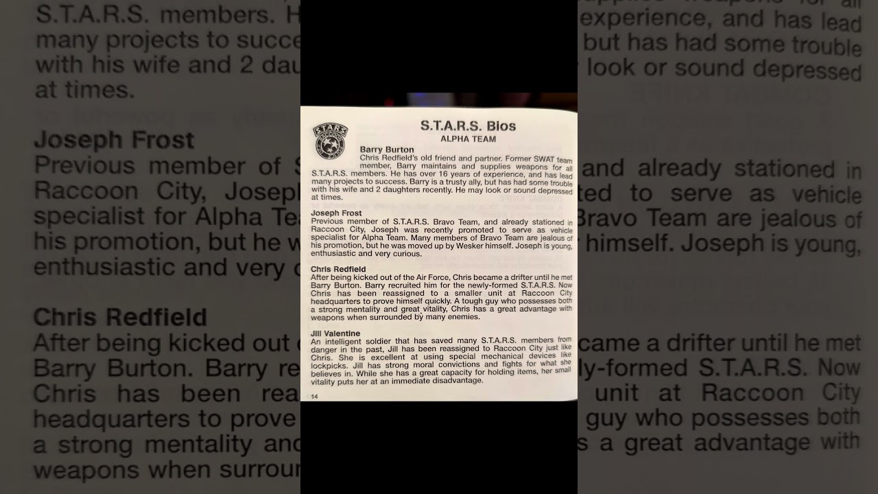 Resident Evil 1 Manual, Briefing and Character info, 90s game manuals hit different.