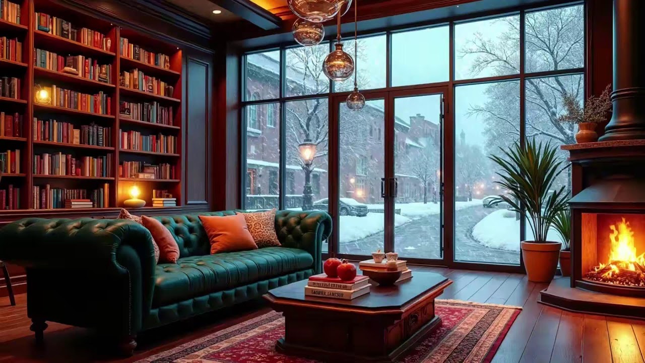 Jazz Relaxing Music in Cozy Winter Reading Nook Ambience ❄ Fireplace Sounds & White Noise to Sleep