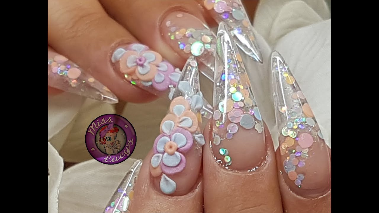 Crystal Glitter Tip Acrylic Nails, 3d Acrylic Flowers